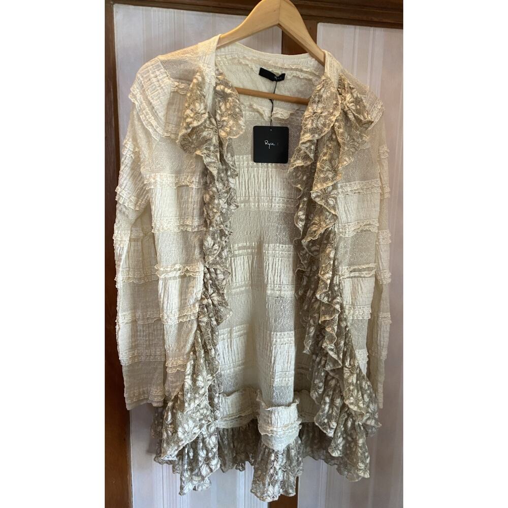 Ryu Victorian boho crochet open front knit ruffle cardigan Women’s M Cream